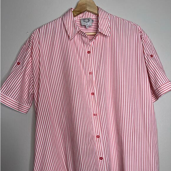 Lili Sidonio Pink White Striped Button Down Shirt Dress XS Roll Tab Sleeve - Picture 2 of 6